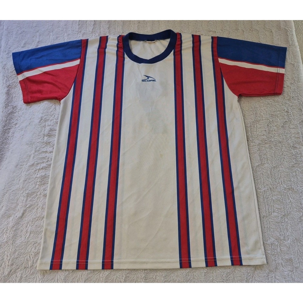 Vintage 90's Score White/Red/Blue Striped Soccer Jersey Men's XL Futbol USA Made